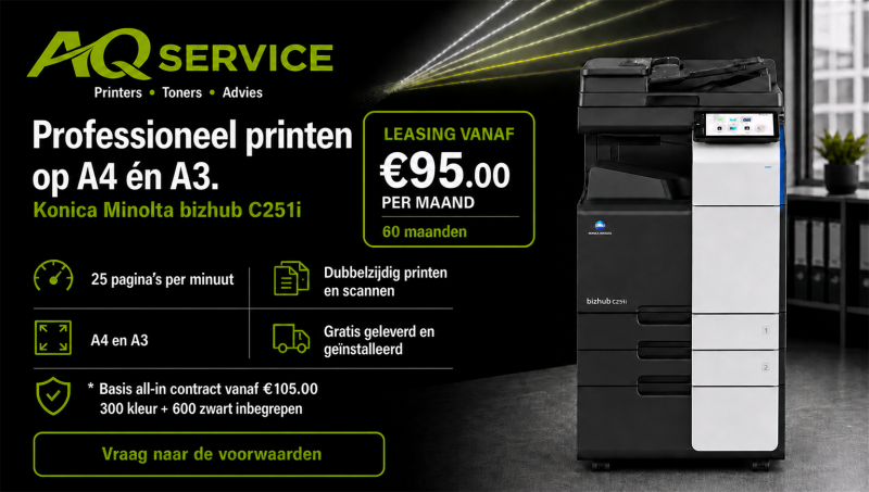 Dutch-language leasing offer for the Konica Minolta bizhub C251i, from 95 euros per month