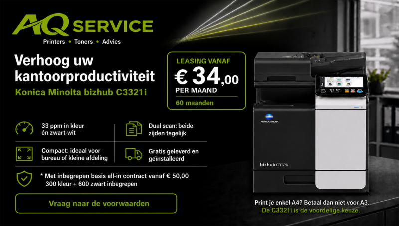 Dutch-language leasing offer for the Konica Minolta bizhub C3321i, from 34 euros per month